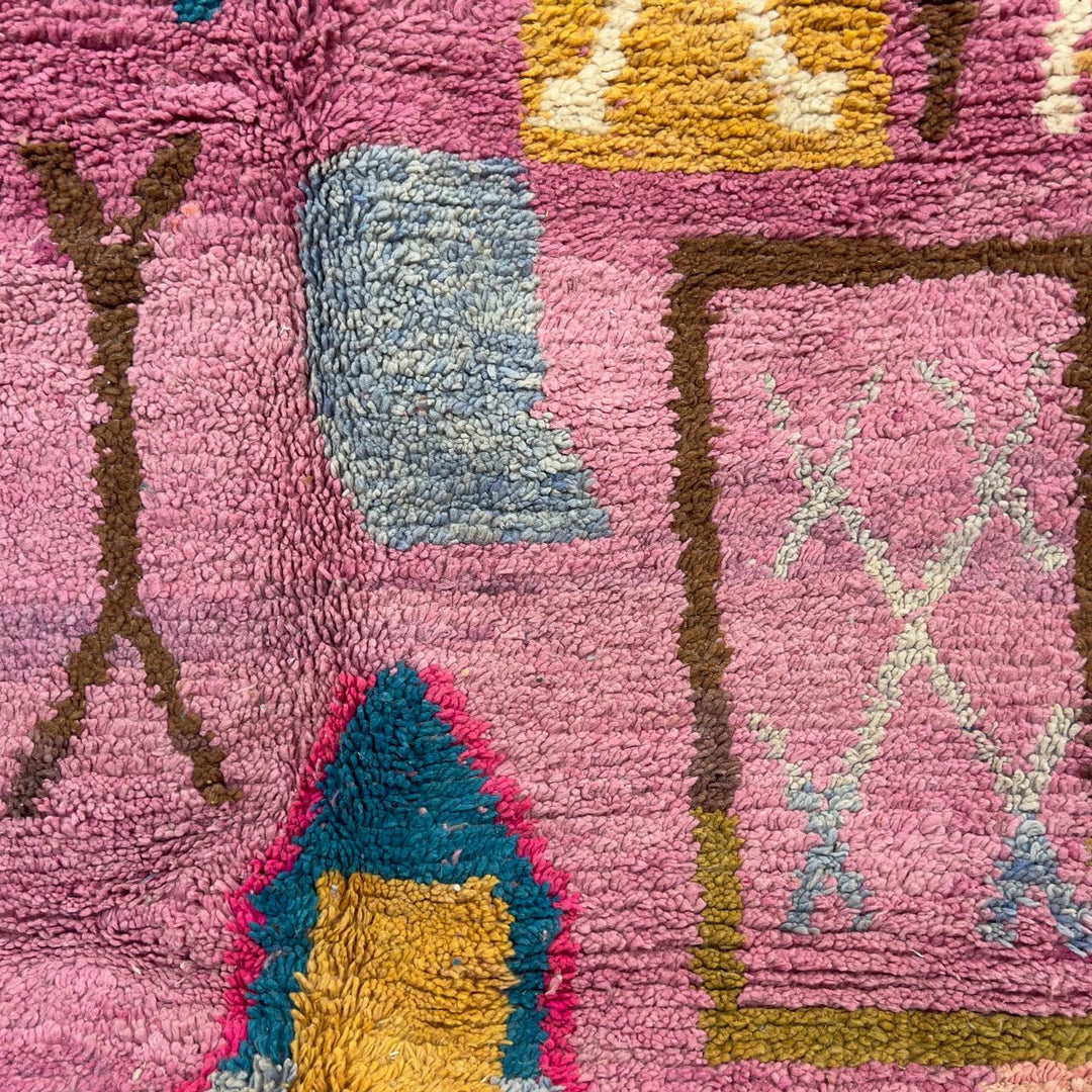 Vintage Moroccan wool rug in pink with colorful geometric Berber patterns, handmade shag rug 8.66 x 5.21 ft