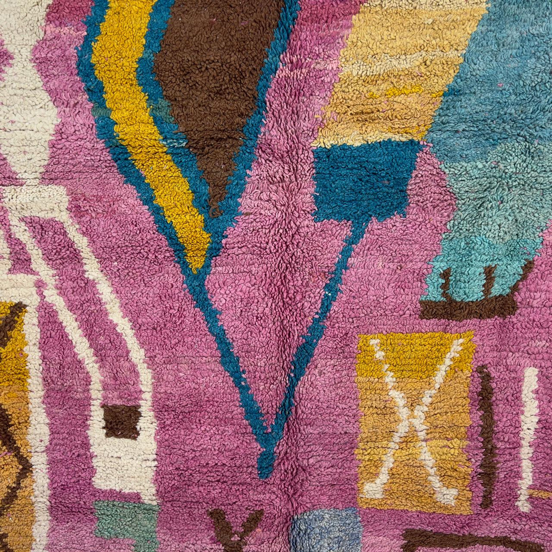 Vintage Moroccan wool rug in pink with colorful geometric Berber patterns, handmade shag rug 8.66 x 5.21 ft