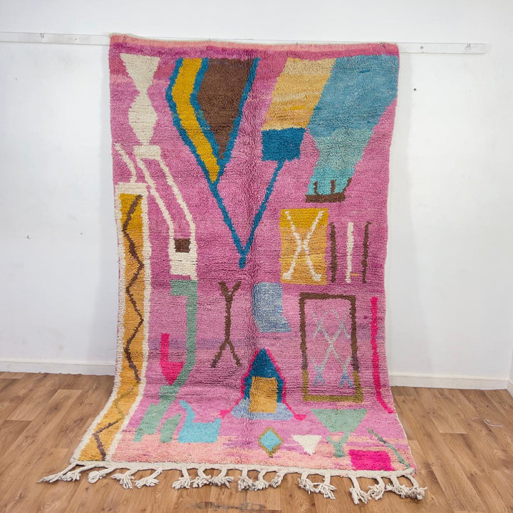 Vintage Moroccan wool rug in pink with colorful geometric Berber patterns, handmade shag rug 8.66 x 5.21 ft