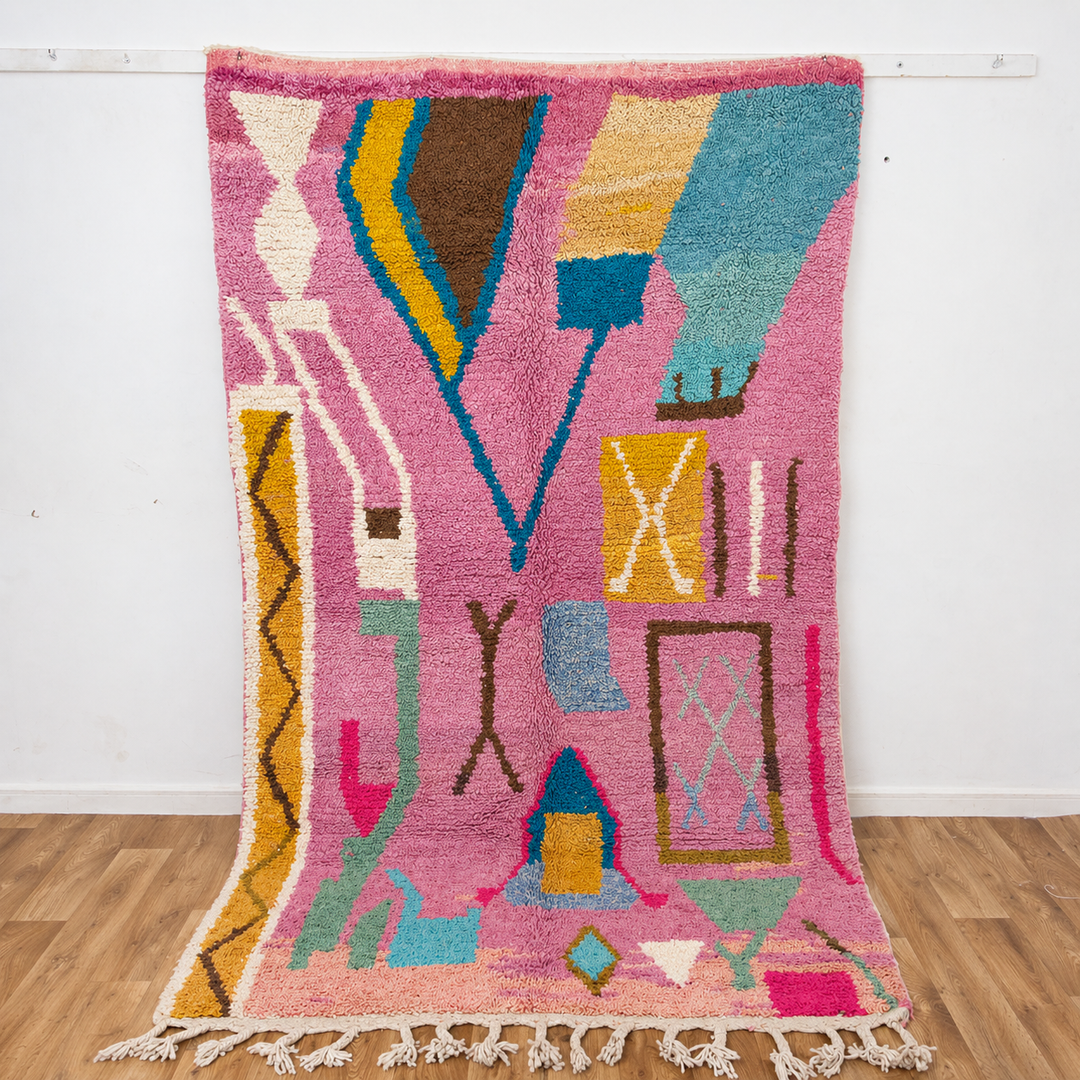 Vintage Moroccan wool rug in pink with colorful geometric Berber patterns, handmade shag rug 8.66 x 5.21 ft