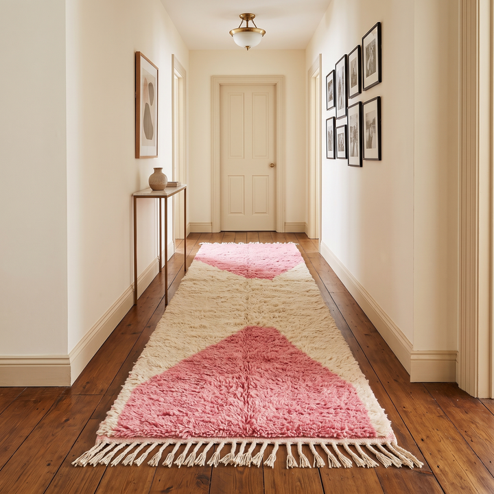 Pink Moroccan wool runner rug handmade with geometric Berber design