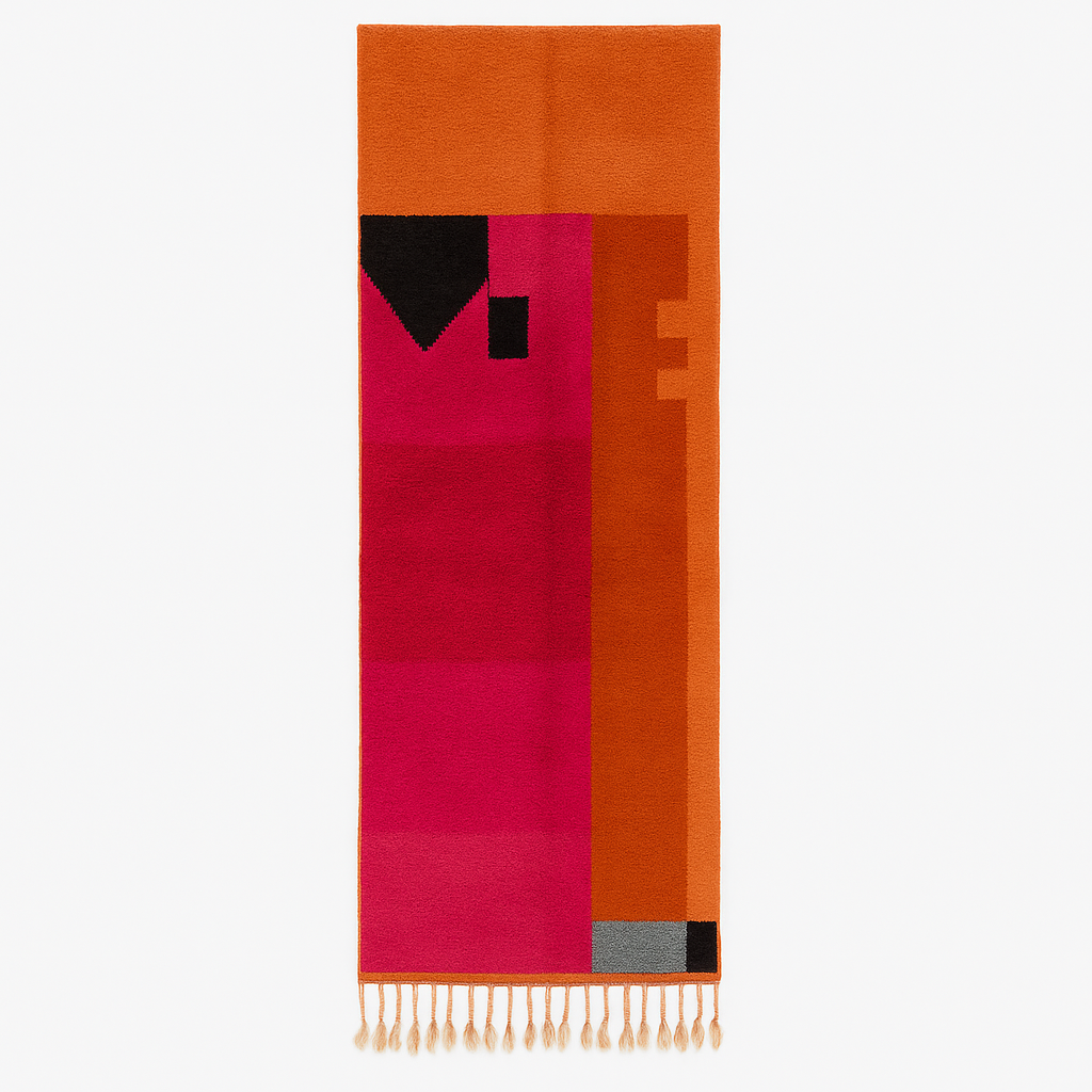 Handmade Moroccan wool runner rug with pink and orange abstract geometric color-block design