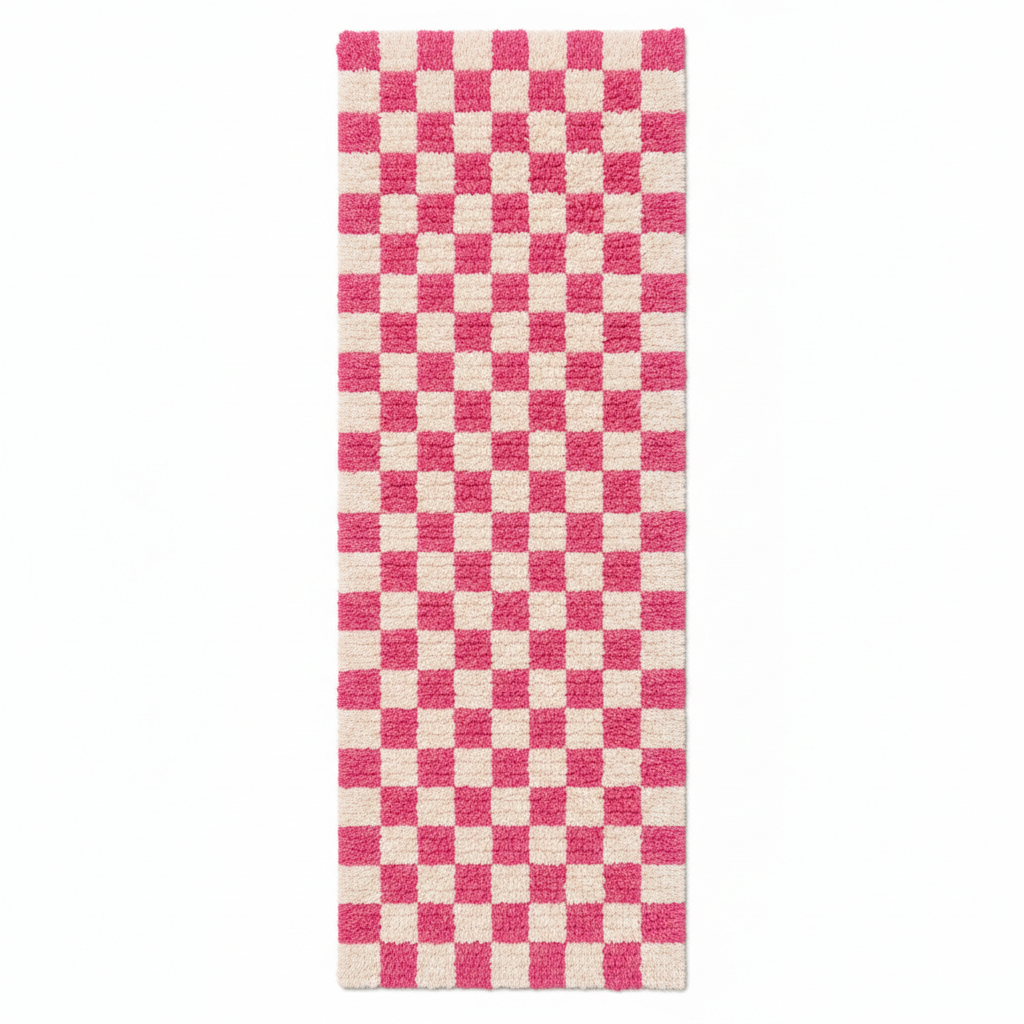 Pink and white checkered Moroccan wool runner rug with handmade Berber texture