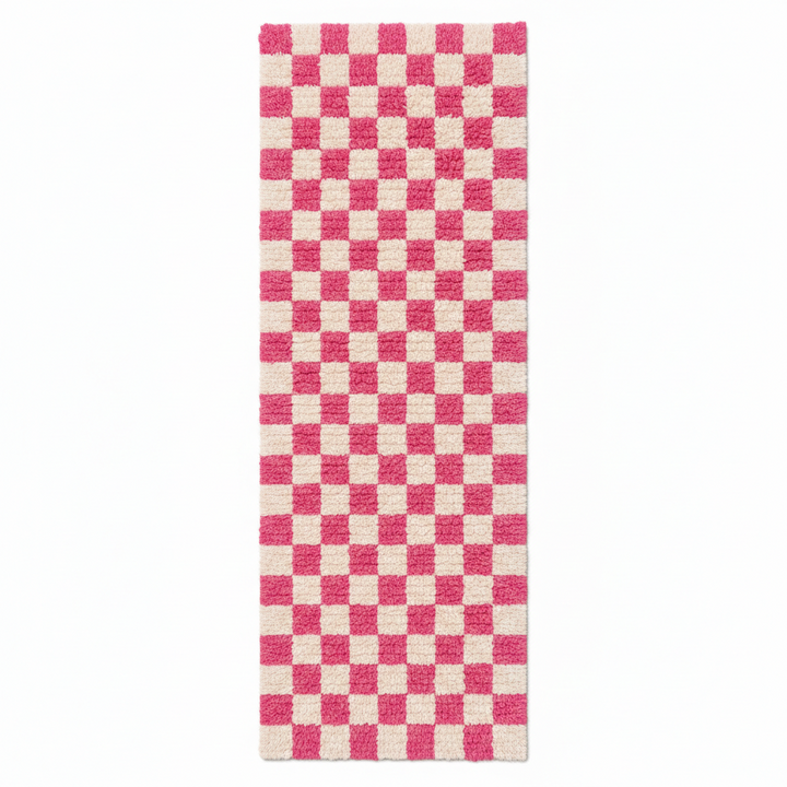 Pink and white checkered Moroccan wool runner rug with handmade Berber texture