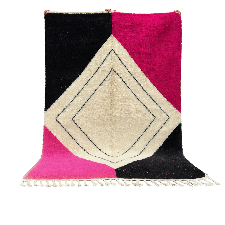 Handmade Moroccan wool rug in pink, black, and ivory with bold diamond geometric design