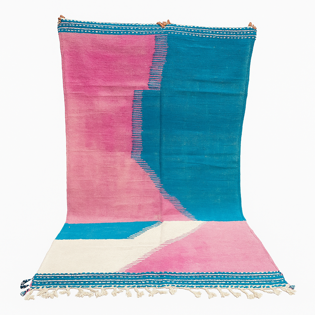 Handwoven Moroccan flatweave wool rug in pink, turquoise blue, and ivory – geometric Berber carpet handmade in Morocco