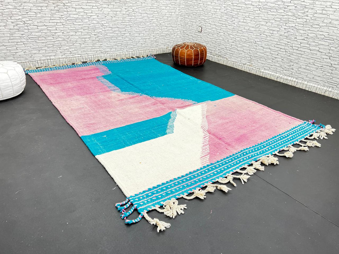 Handwoven Moroccan flatweave wool rug in pink, turquoise blue, and ivory – geometric Berber carpet handmade in Morocco