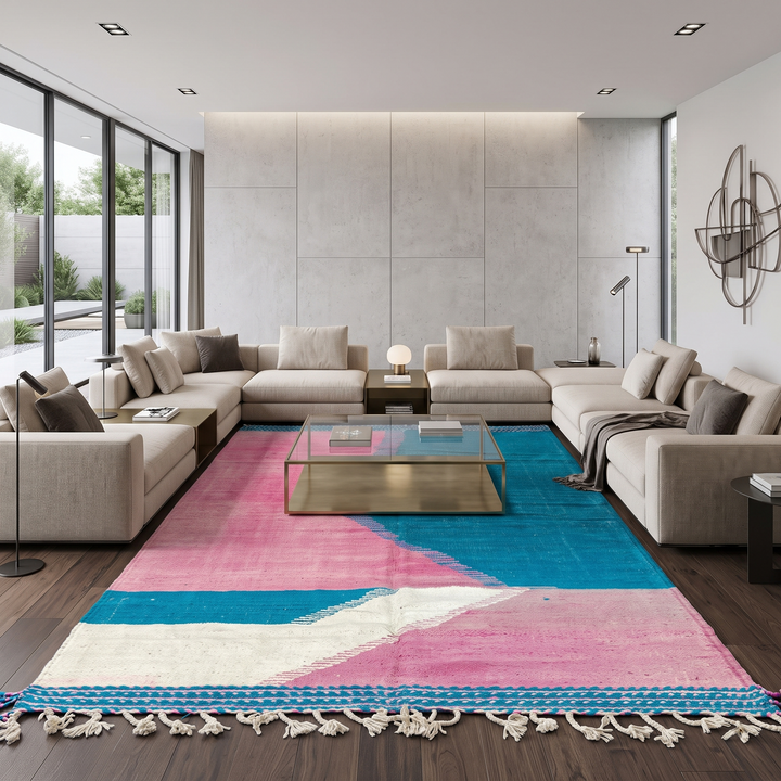 Handwoven Moroccan flatweave wool rug in pink, turquoise blue, and ivory – geometric Berber carpet handmade in Morocco
