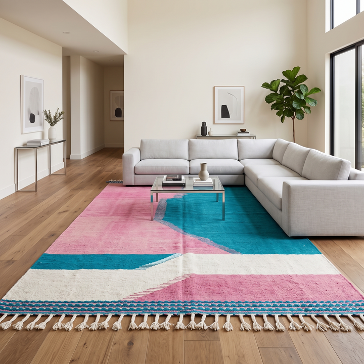 Handwoven Moroccan flatweave wool rug in pink, turquoise blue, and ivory – geometric Berber carpet handmade in Morocco

