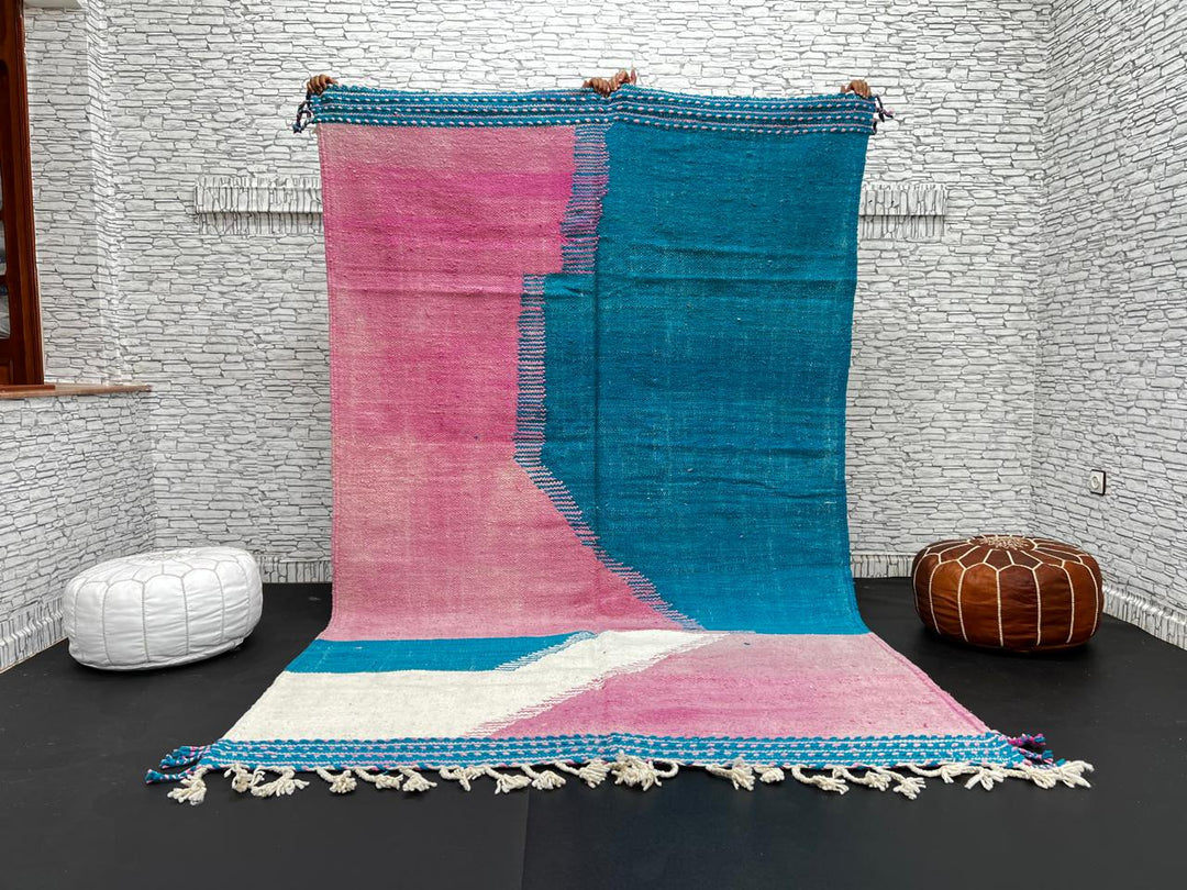 Handwoven Moroccan flatweave wool rug in pink, turquoise blue, and ivory – geometric Berber carpet handmade in Morocco