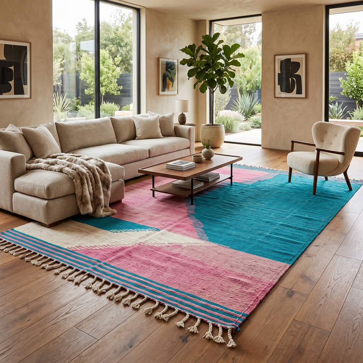 Handwoven Moroccan flatweave wool rug in pink, turquoise blue, and ivory – geometric Berber carpet handmade in Morocco
