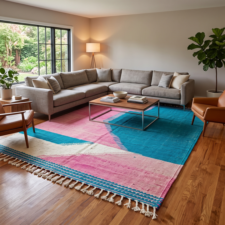Handwoven Moroccan flatweave wool rug in pink, turquoise blue, and ivory – geometric Berber carpet handmade in Morocco
