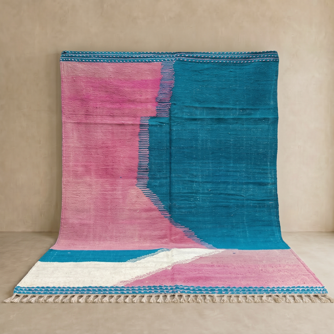 Handwoven Moroccan flatweave wool rug in pink, turquoise blue, and ivory – geometric Berber carpet handmade in Morocco
