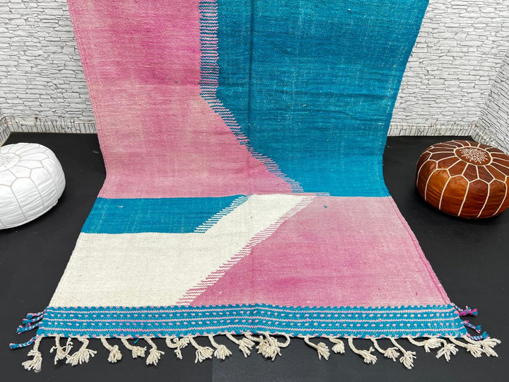 Handwoven Moroccan flatweave wool rug in pink, turquoise blue, and ivory – geometric Berber carpet handmade in Morocco