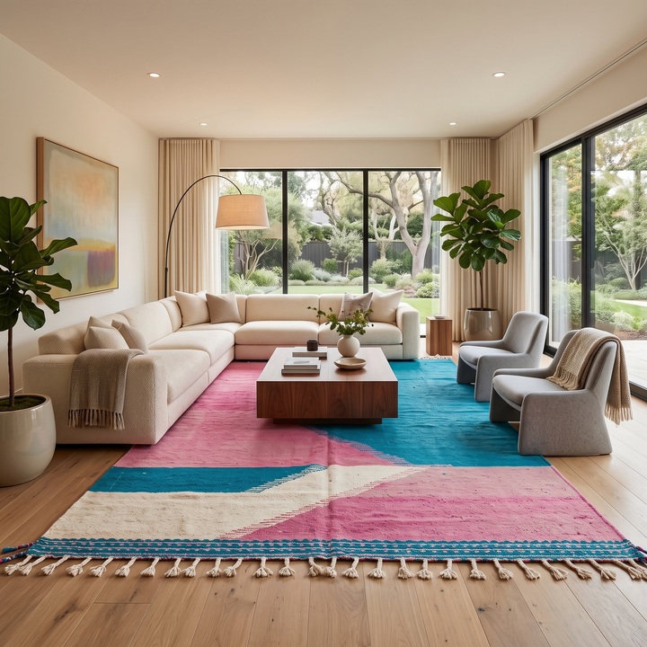 Handwoven Moroccan flatweave wool rug in pink, turquoise blue, and ivory – geometric Berber carpet handmade in Morocco
