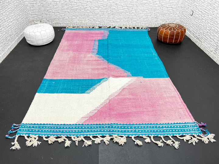 Handwoven Moroccan flatweave wool rug in pink, turquoise blue, and ivory – geometric Berber carpet handmade in Morocco