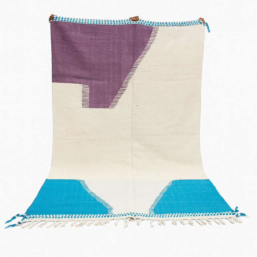 Handwoven Moroccan wool rug in purple, turquoise blue, and cream white – modern flatweave Berber carpet