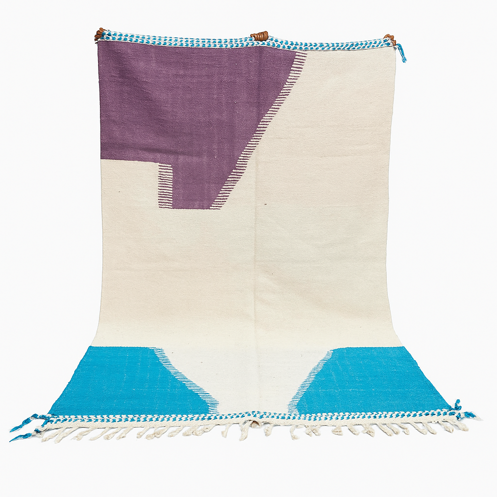 Handwoven Moroccan wool rug in purple, turquoise blue, and cream white – modern flatweave Berber carpet