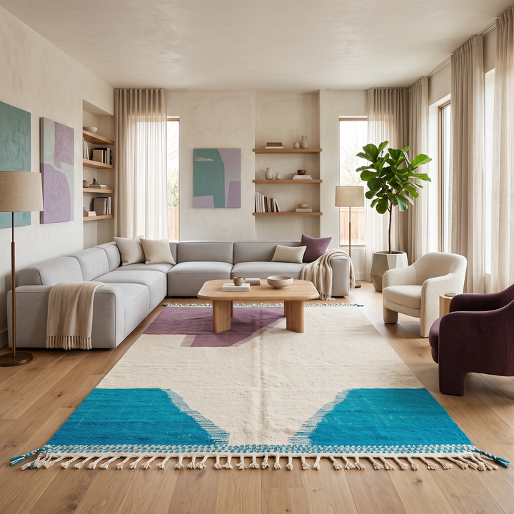 Handwoven Moroccan wool rug in purple, turquoise blue, and cream white – modern flatweave Berber carpet