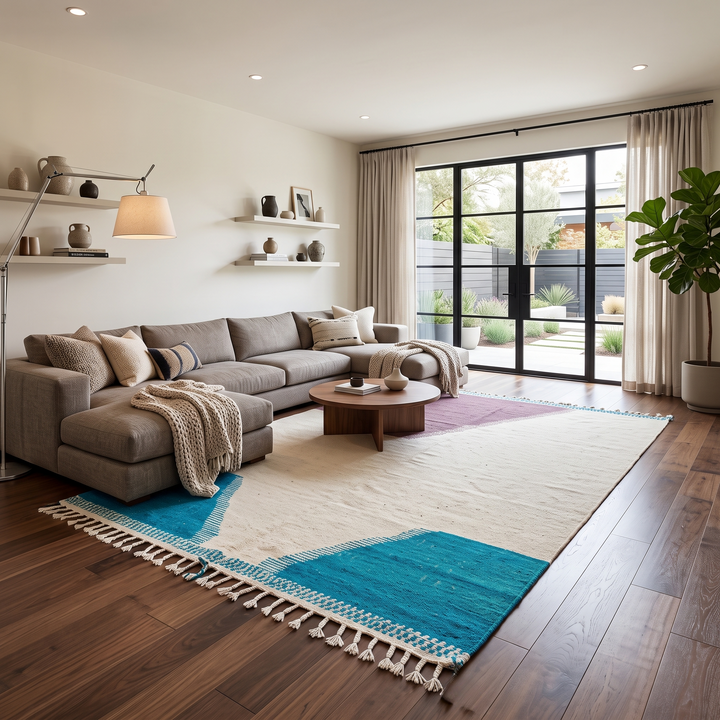 Handwoven Moroccan wool rug in purple, turquoise blue, and cream white – modern flatweave Berber carpet