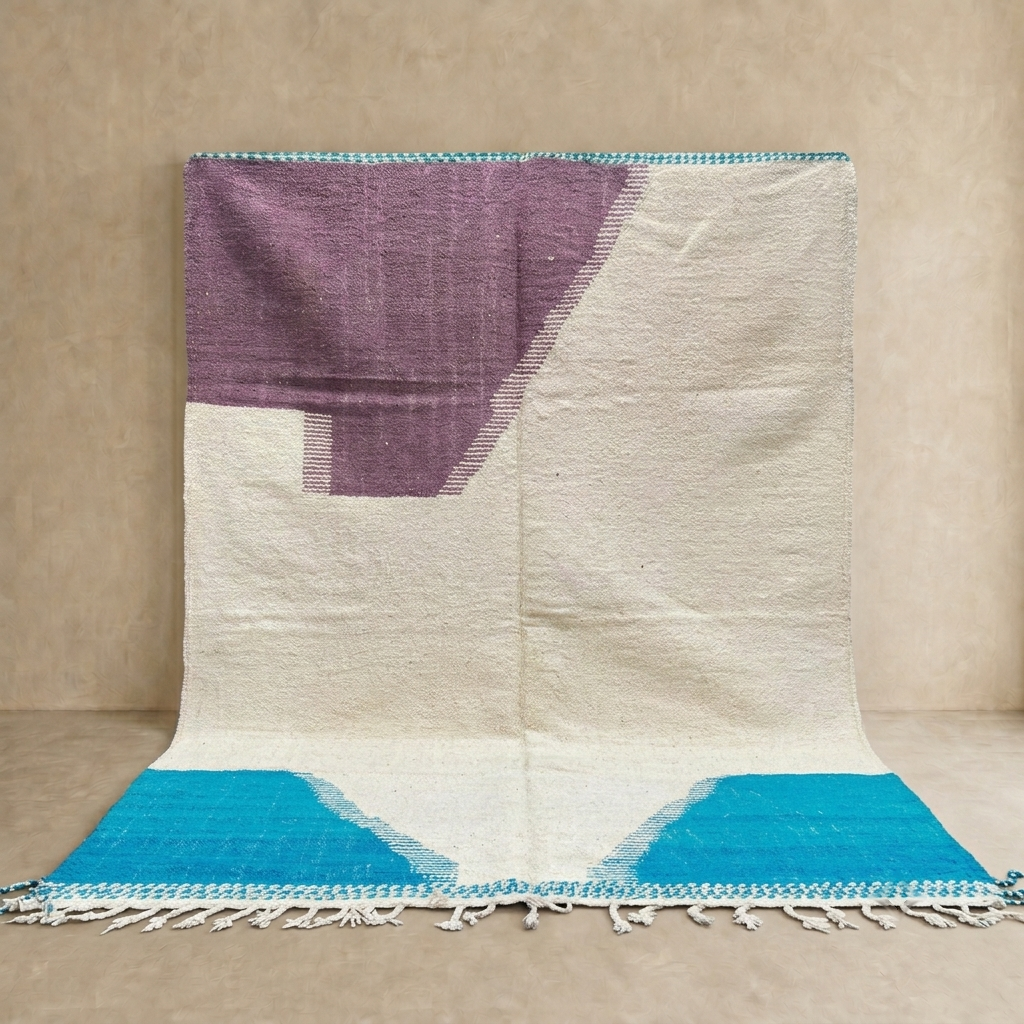 Handwoven Moroccan wool rug in purple, turquoise blue, and cream white – modern flatweave Berber carpet