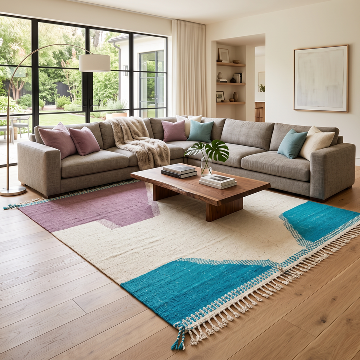 Handwoven Moroccan wool rug in purple, turquoise blue, and cream white – modern flatweave Berber carpet