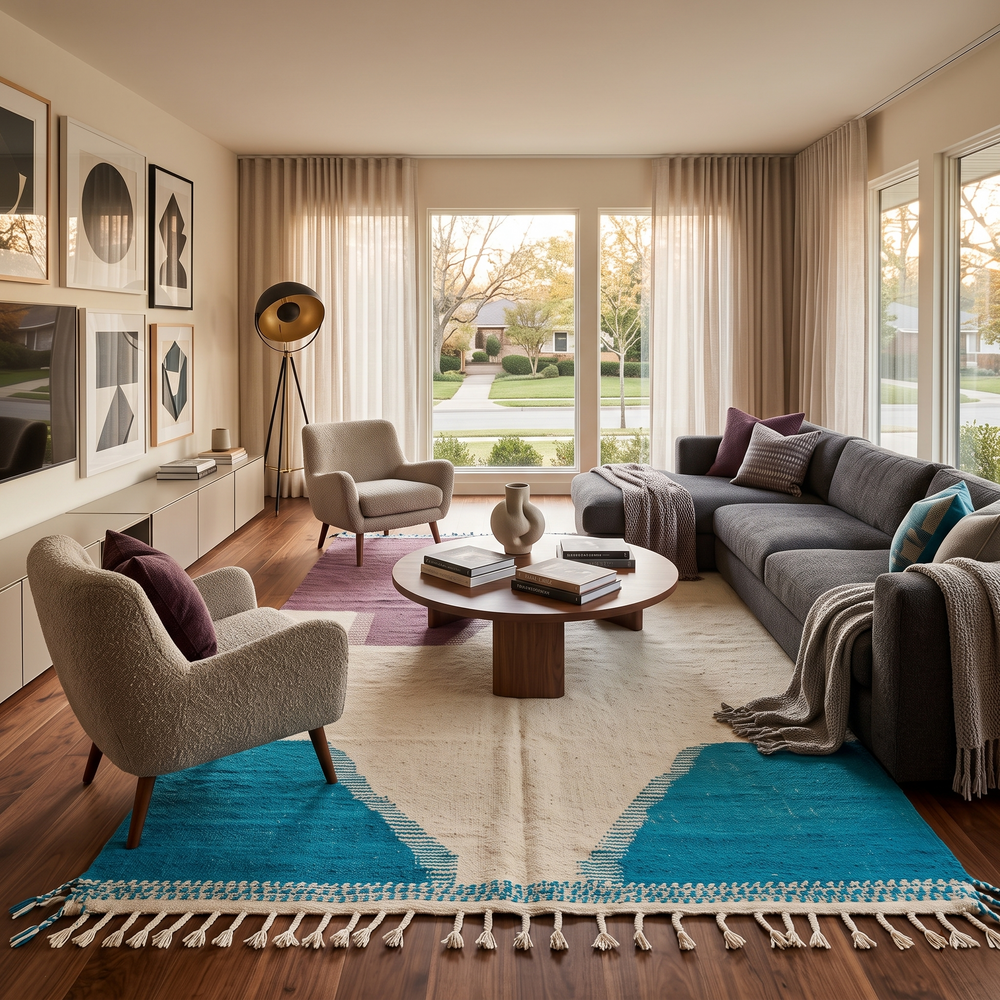 Handwoven Moroccan wool rug in purple, turquoise blue, and cream white – modern flatweave Berber carpet