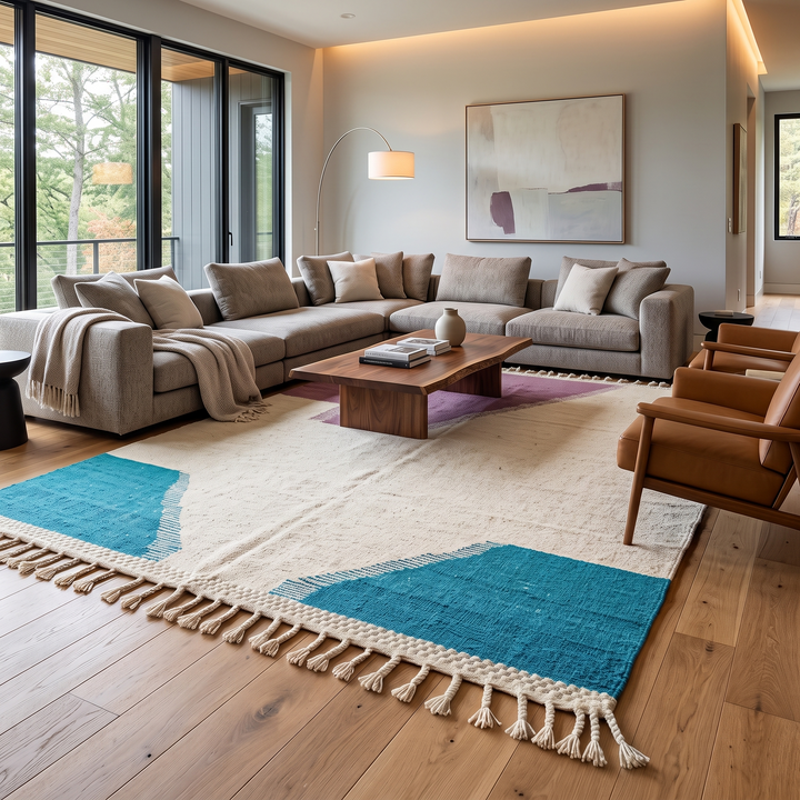 Handwoven Moroccan wool rug in purple, turquoise blue, and cream white – modern flatweave Berber carpet