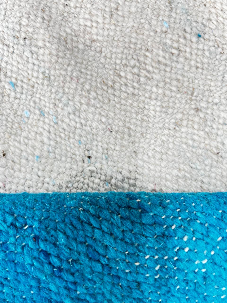 Handwoven Moroccan wool rug in purple, turquoise blue, and cream white – modern flatweave Berber carpet