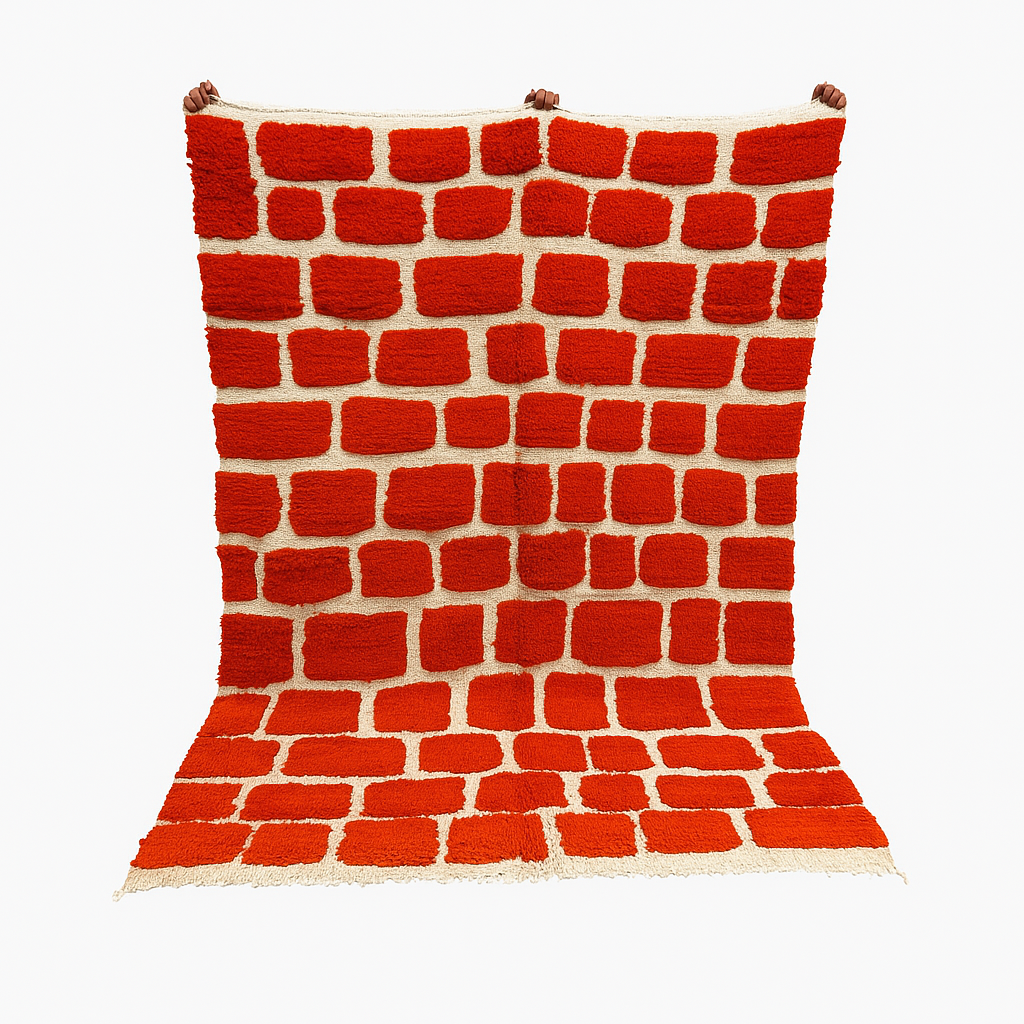 Handmade Moroccan wool rug with red geometric rectangles on cream background – Berber wool carpet