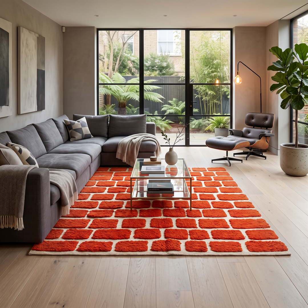 Handmade Moroccan wool rug with red geometric rectangles on cream background – Berber wool carpet
