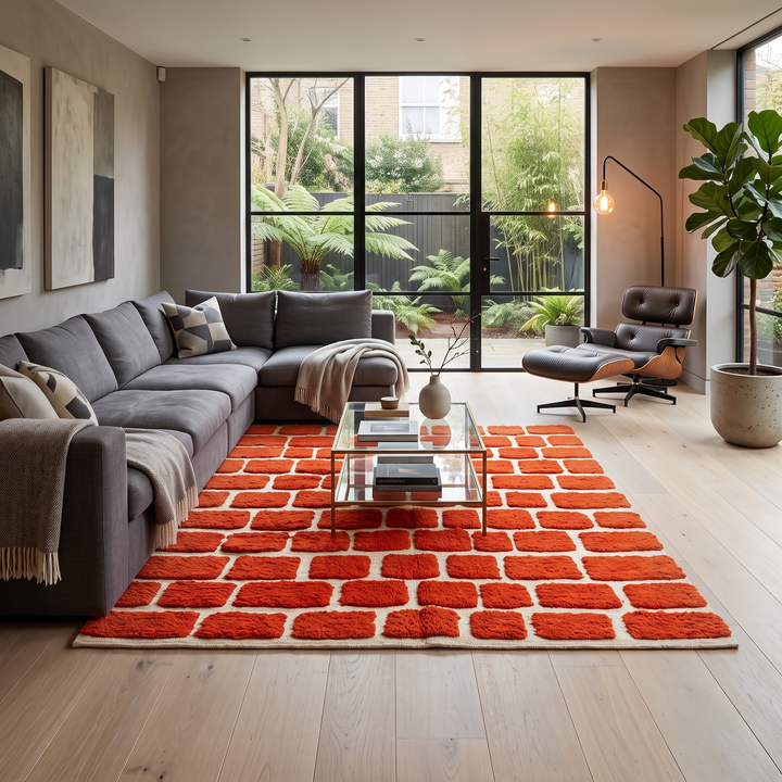 Handmade Moroccan wool rug with red geometric rectangles on cream background – Berber wool carpet
