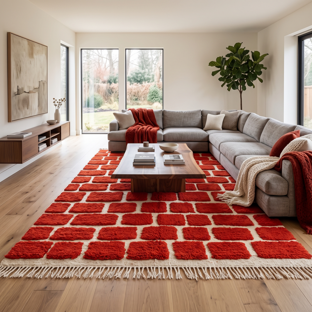 Handmade Moroccan wool rug with red geometric rectangles on cream background – Berber wool carpet
