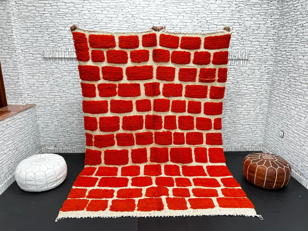 Handmade Moroccan wool rug with red geometric rectangles on cream background – Berber wool carpet