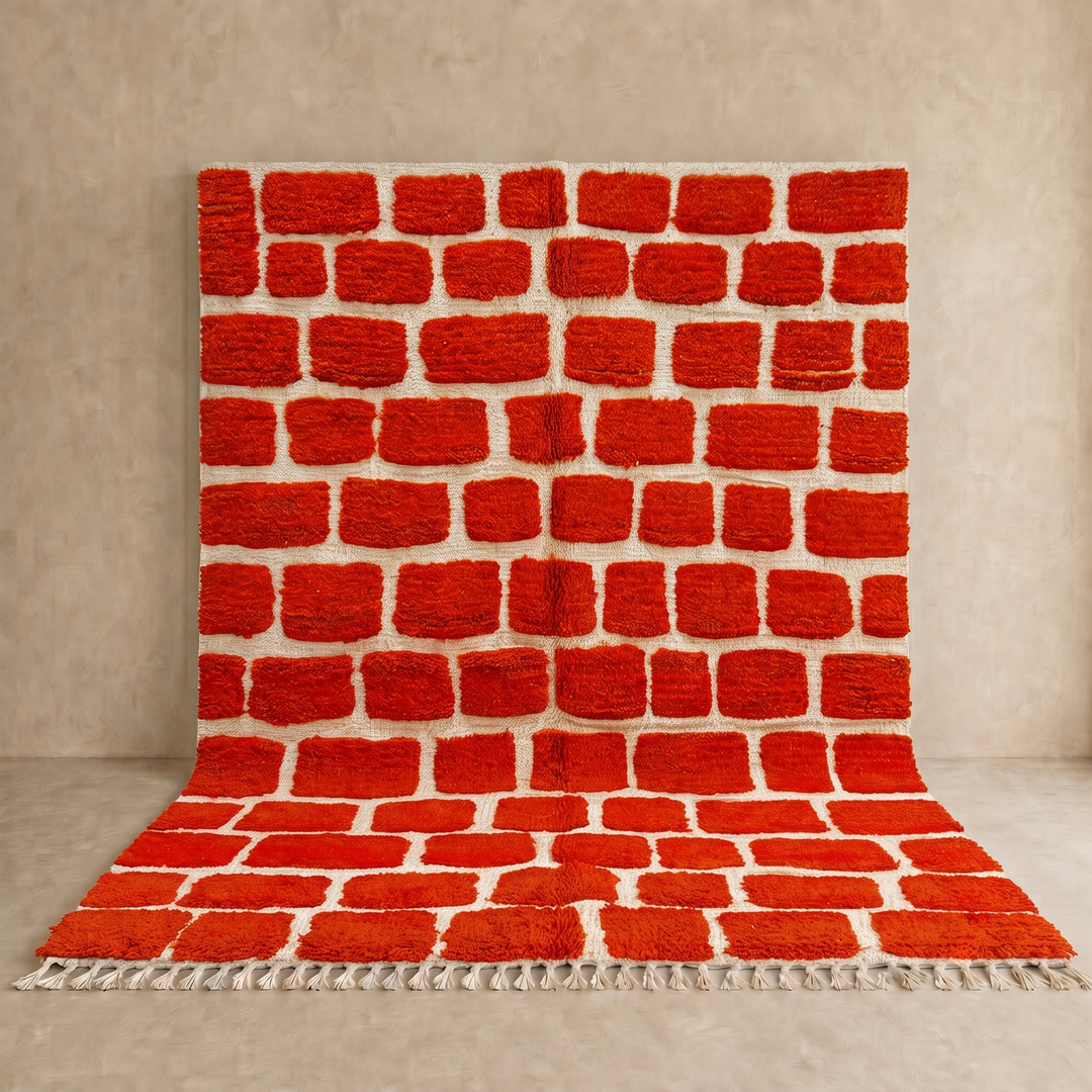 Handmade Moroccan wool rug with red geometric rectangles on cream background – Berber wool carpet
