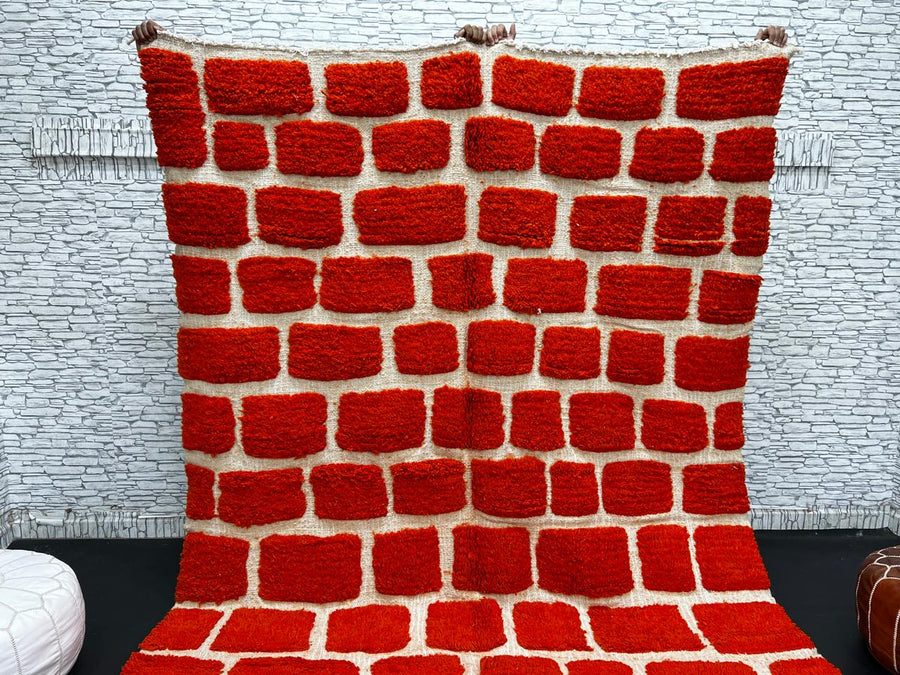 Handmade Moroccan wool rug with red geometric rectangles on cream background – Berber wool carpet