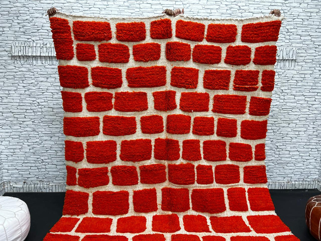 Handmade Moroccan wool rug with red geometric rectangles on cream background – Berber wool carpet