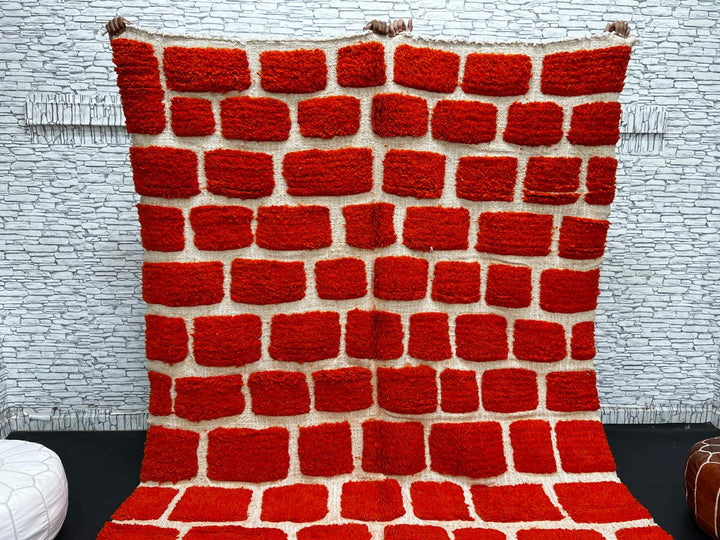 Handmade Moroccan wool rug with red geometric rectangles on cream background – Berber wool carpet
