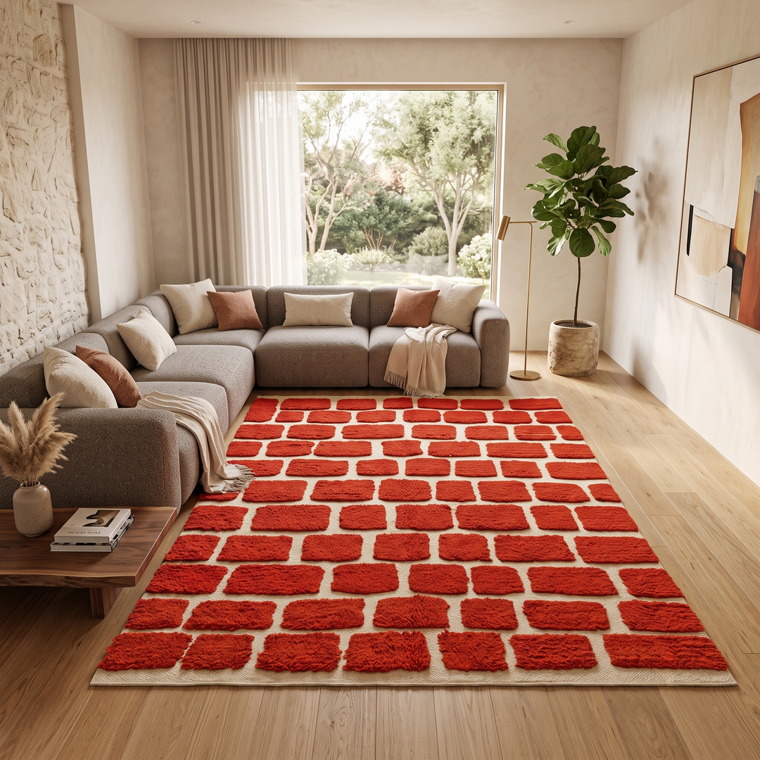 Handmade Moroccan wool rug with red geometric rectangles on cream background – Berber wool carpet
