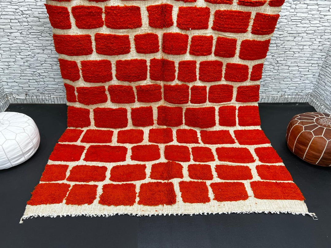 Handmade Moroccan wool rug with red geometric rectangles on cream background – Berber wool carpet