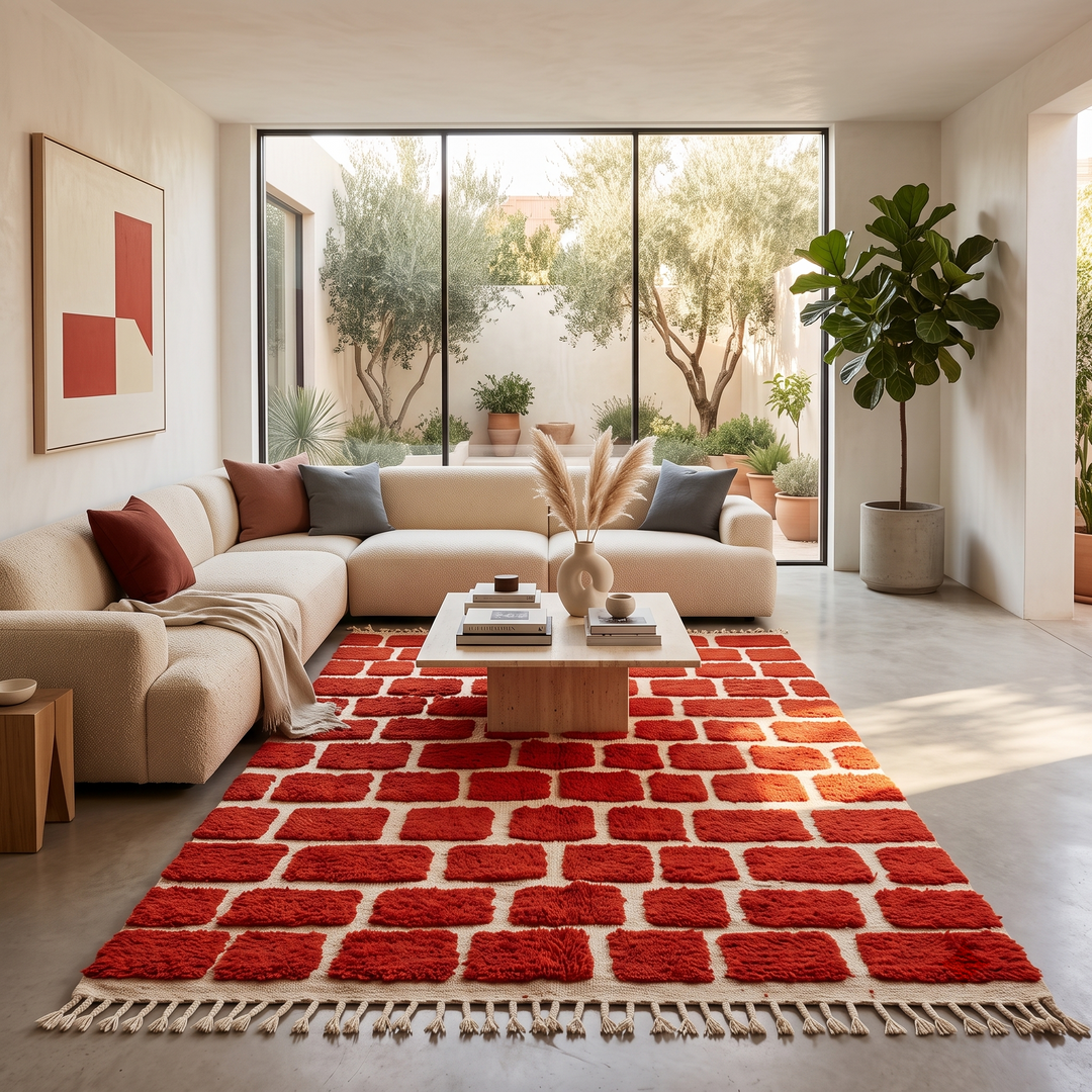 Handmade Moroccan wool rug with red geometric rectangles on cream background – Berber wool carpet
