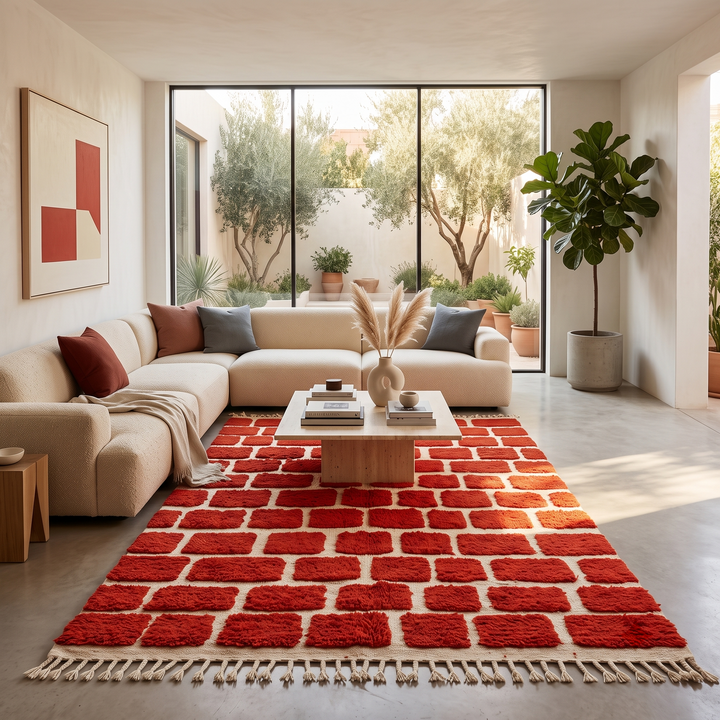 Handmade Moroccan wool rug with red geometric rectangles on cream background – Berber wool carpet

