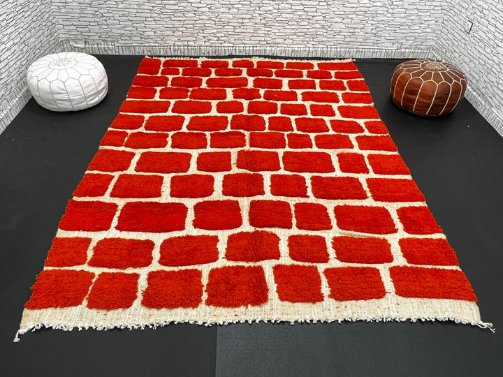 Handmade Moroccan wool rug with red geometric rectangles on cream background – Berber wool carpet