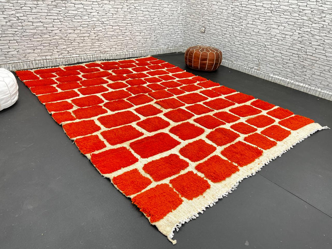 Handmade Moroccan wool rug with red geometric rectangles on cream background – Berber wool carpet
