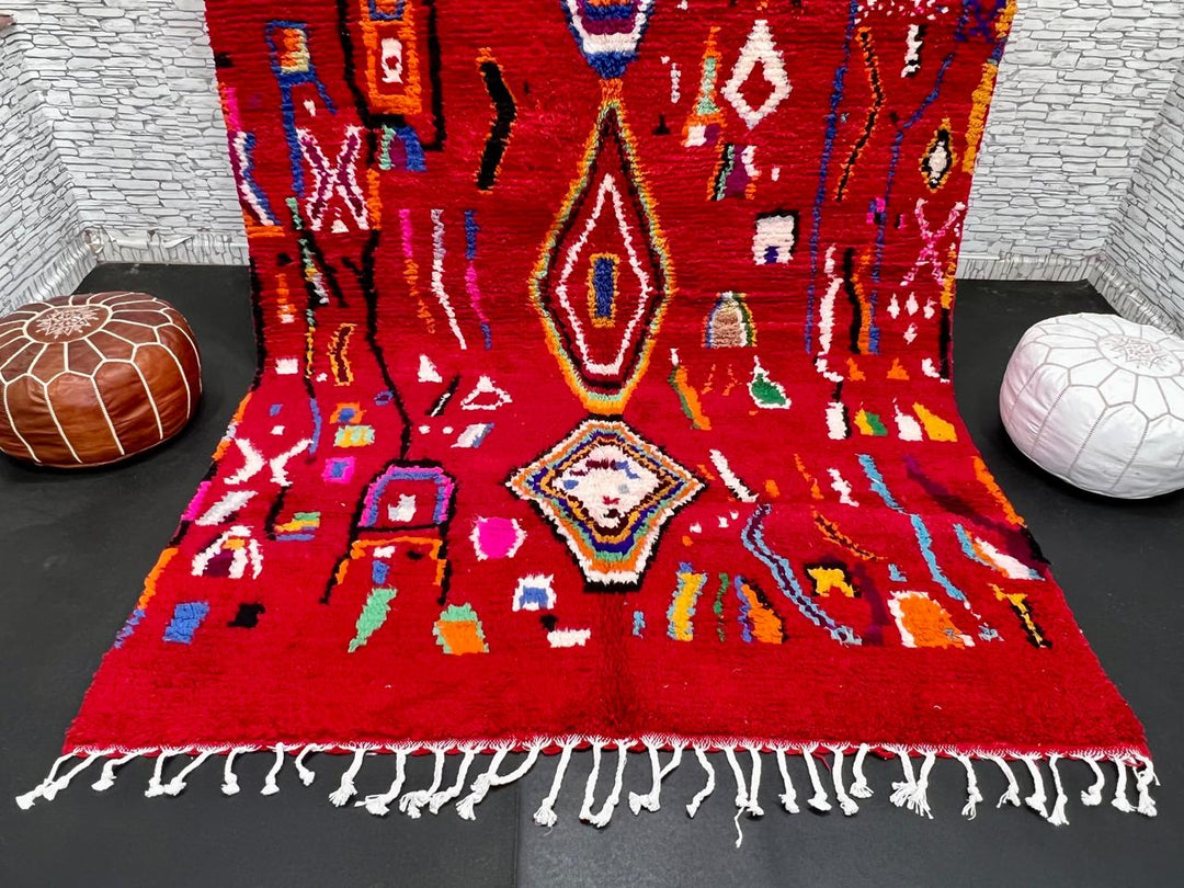 red moroccan wool rug with geometric berber symbols handmade tribal carpet