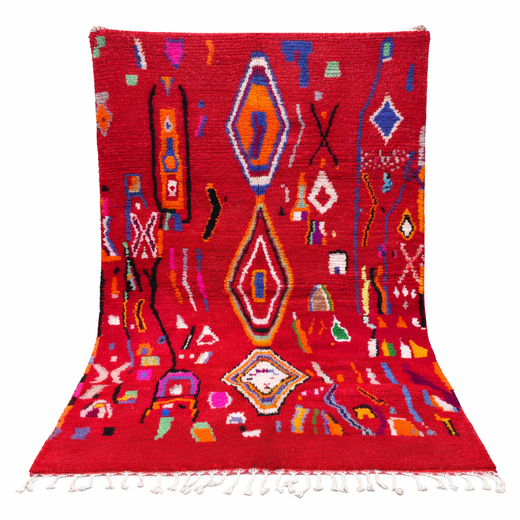 red moroccan wool rug with geometric berber symbols handmade tribal carpet