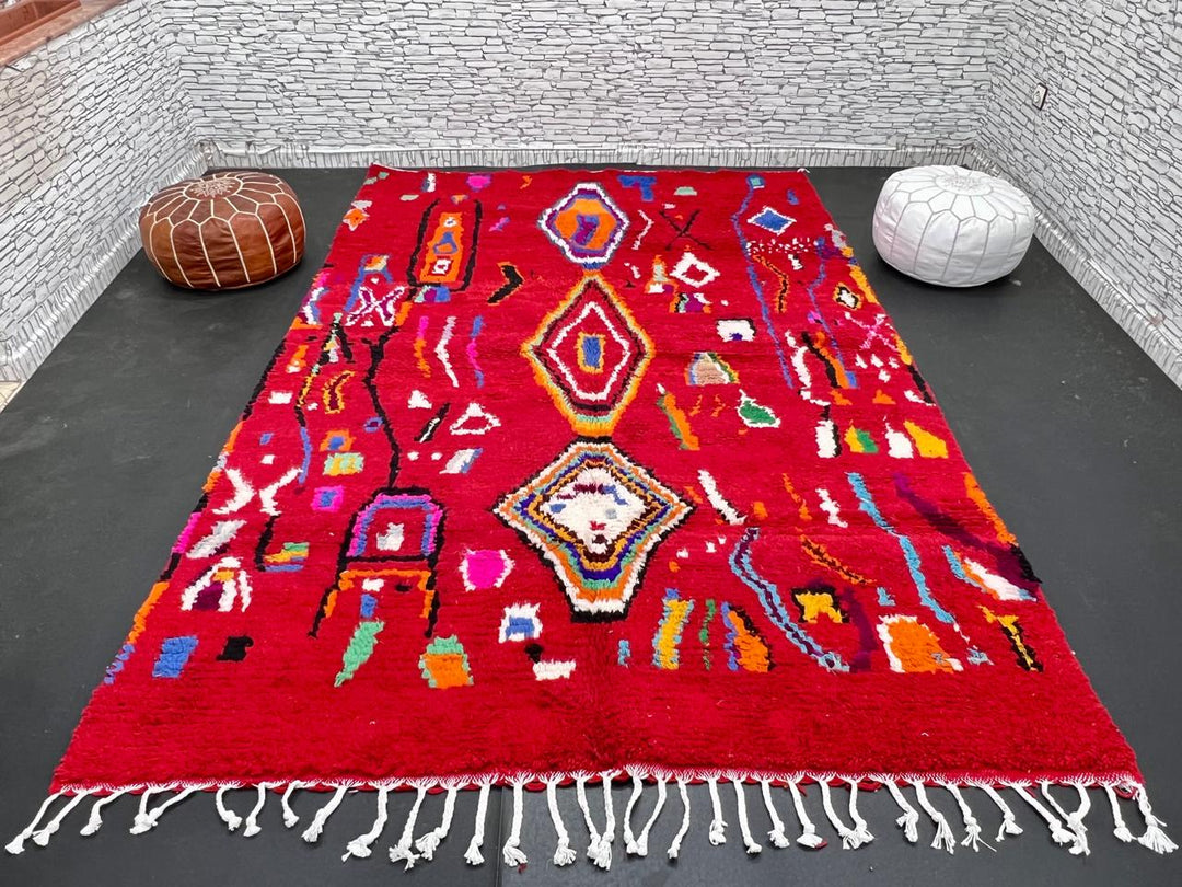 red moroccan wool rug with geometric berber symbols handmade tribal carpet