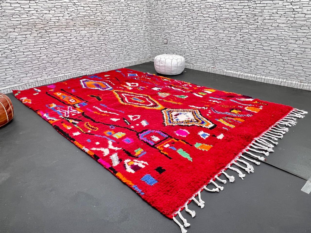 red moroccan wool rug with geometric berber symbols handmade tribal carpet