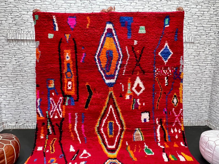 red moroccan wool rug with geometric berber symbols handmade tribal carpet