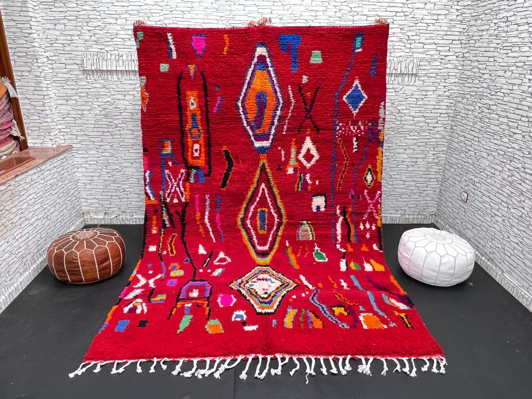 red moroccan wool rug with geometric berber symbols handmade tribal carpet